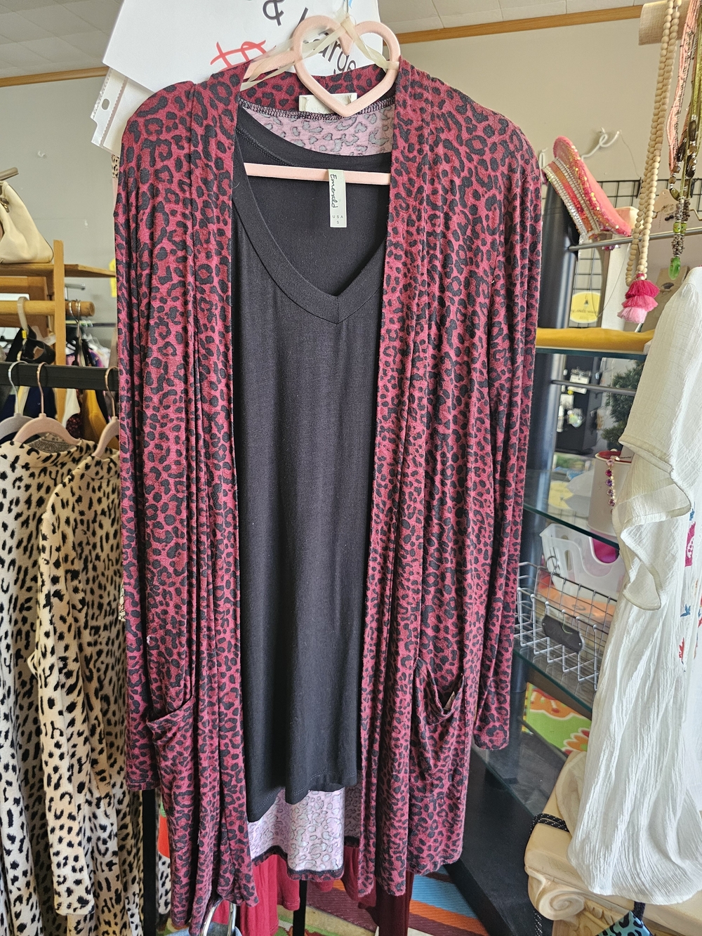 Black V-Neck Dress with Burgundy Leopard Print Open Cardigan